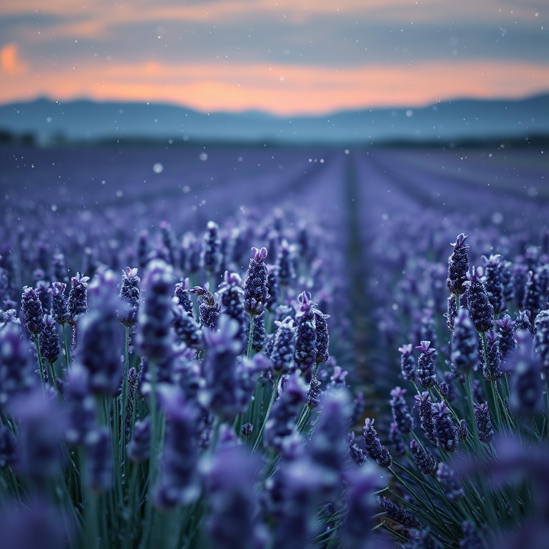 hyper-realistic render, a lavender field in Provence, during twilight, with snow falling, pastel soft colors, close-up detail shot, natural light, highly detailed, dramatic and powerful