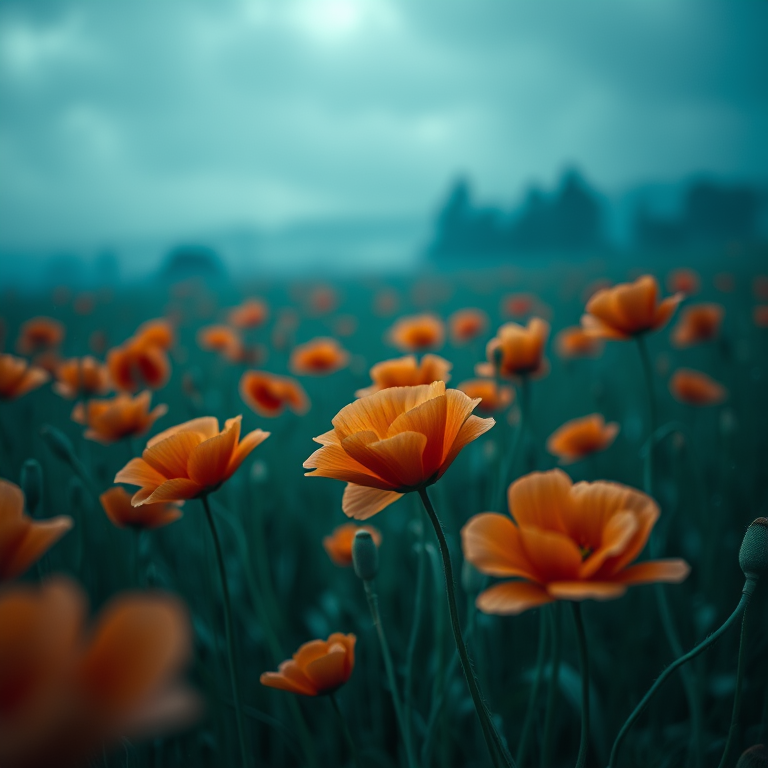 concept art, a field of poppies in wind, at blue hour, with rain reflections, teal and orange, close-up detail shot, moody atmospheric lighting, RAW photo, cozy and warm
