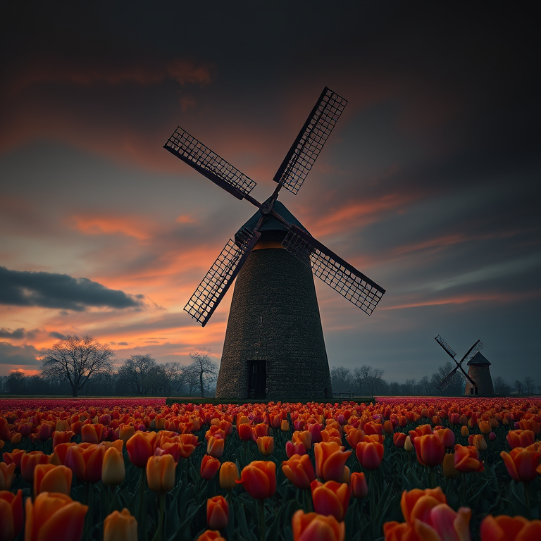 digital art, an old windmill in tulip fields, during twilight, with gentle breeze, high contrast, close-up detail shot, moody atmospheric lighting, photorealistic, awe-inspiring and grand