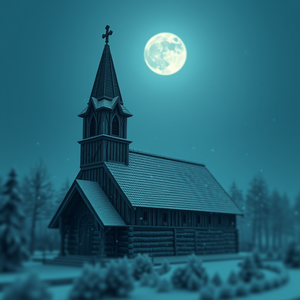 3D render, a Northern European stave church, under a full moon, with snow falling, cool blue tones, tilt-shift miniature effect, moody atmospheric lighting, highly detailed, melancholic and contemplative