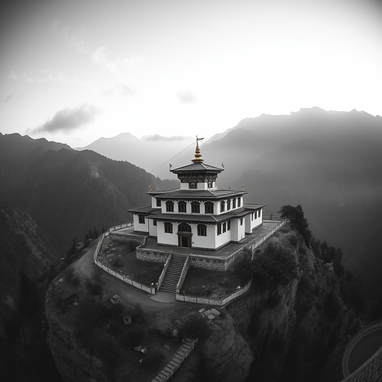 cinematic shot, a Tibetan monastery in mountains, at dawn, with gentle breeze, monochrome black and white, fish-eye lens, natural light, photorealistic, peaceful and serene