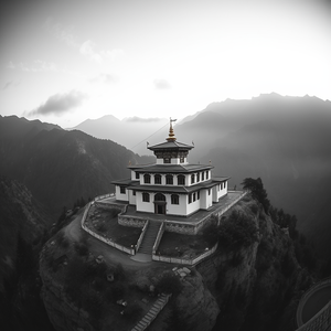 cinematic shot, a Tibetan monastery in mountains, at dawn, with gentle breeze, monochrome black and white, fish-eye lens, natural light, photorealistic, peaceful and serene