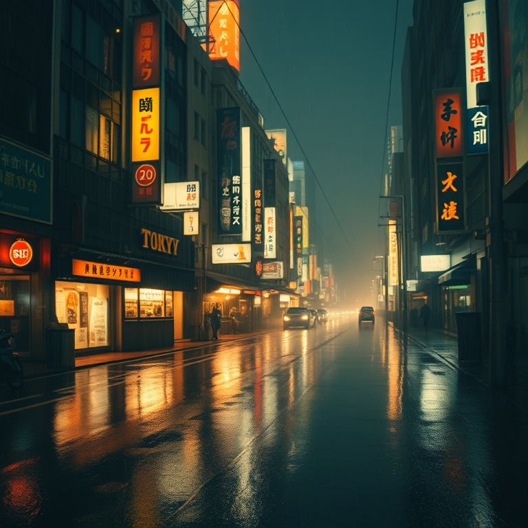 cinematic shot, a rain-soaked Tokyo street at night, at sunrise, with misty atmosphere, muted earth tones, telephoto compression, soft diffused lighting, masterpiece quality, dramatic and powerful