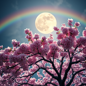 concept art, a cherry blossom tree in full bloom, under a full moon, with rainbow in background, high contrast, low angle dramatic perspective, natural light, sharp focus, awe-inspiring and grand