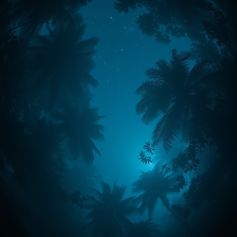 oil painting, a tropical rainforest canopy, at night under stars, with misty atmosphere, cool blue tones, fish-eye lens, soft diffused lighting, masterpiece quality, melancholic and contemplative