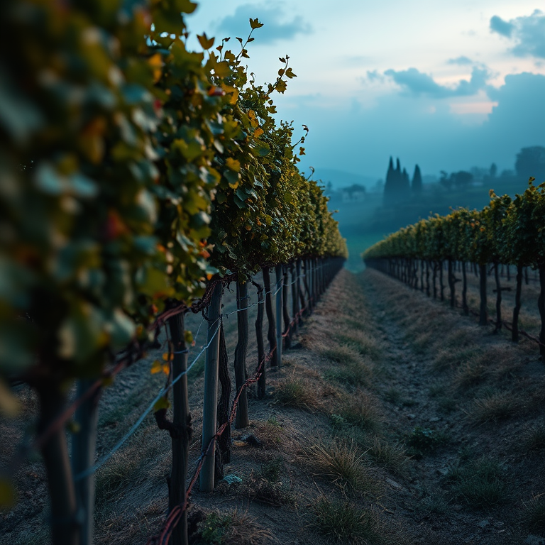 anime style, an Italian vineyard in Tuscany, at blue hour, with misty atmosphere, muted earth tones, macro extreme close-up, rim lighting, RAW photo, dramatic and powerful