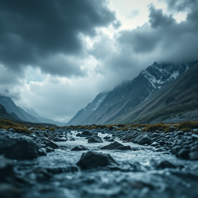 minimalist design, a crystal clear mountain stream, during a storm, with dramatic cloud formations, high contrast, tilt-shift miniature effect, rim lighting, highly detailed, mysterious and ethereal