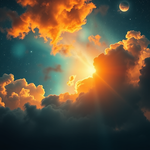 concept art, a deep space nebula with stars, at sunrise, with dramatic cloud formations, teal and orange, low angle dramatic perspective, backlit with sun flare, RAW photo, peaceful and serene