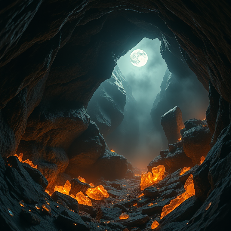 retro vintage photo, a crystal cave with glowing minerals, under a full moon, with misty atmosphere, golden warm palette, fish-eye lens, dramatic side lighting, ultra high resolution, dark and moody