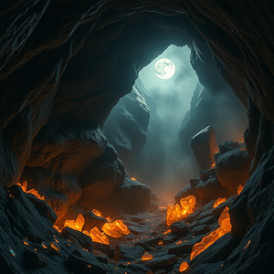 retro vintage photo, a crystal cave with glowing minerals, under a full moon, with misty atmosphere, golden warm palette, fish-eye lens, dramatic side lighting, ultra high resolution, dark and moody