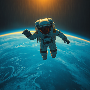 charcoal drawing, an astronaut floating above Earth, at blue hour, with rain reflections, golden warm palette, wide angle view, rim lighting, award-winning composition, awe-inspiring and grand