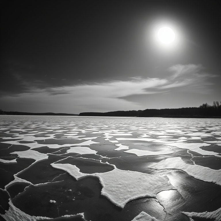 minimalist design, a frozen lake with ice patterns, under a full moon, with gentle breeze, monochrome black and white, fish-eye lens, studio quality lighting, masterpiece quality, energetic and vibrant