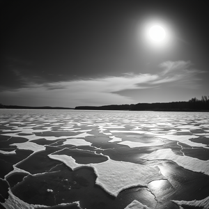 minimalist design, a frozen lake with ice patterns, under a full moon, with gentle breeze, monochrome black and white, fish-eye lens, studio quality lighting, masterpiece quality, energetic and vibrant