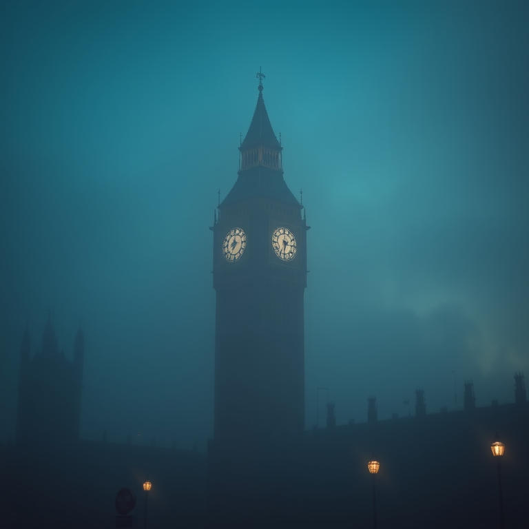 cinematic shot, London Big Ben in fog, during twilight, with clear blue sky, deep rich jewel tones, macro extreme close-up, moody atmospheric lighting, award-winning composition, romantic and dreamy