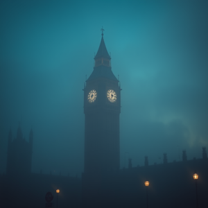 cinematic shot, London Big Ben in fog, during twilight, with clear blue sky, deep rich jewel tones, macro extreme close-up, moody atmospheric lighting, award-winning composition, romantic and dreamy