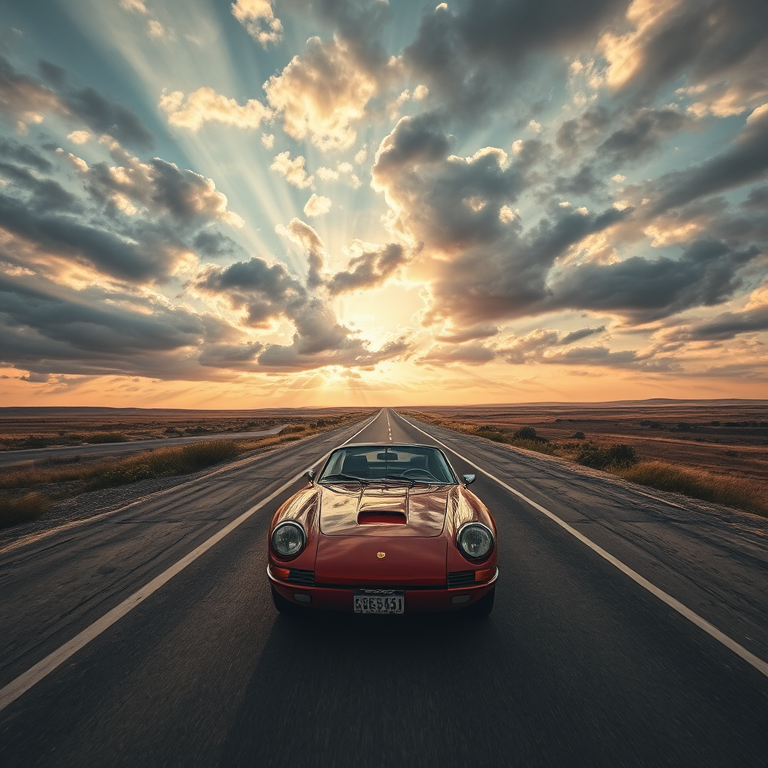 abstract art, a classic sports car on an open road, at dawn, with dramatic cloud formations, muted earth tones, bird eye view, volumetric light rays, RAW photo, peaceful and serene