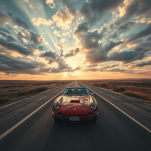 abstract art, a classic sports car on an open road, at dawn, with dramatic cloud formations, muted earth tones, bird eye view, volumetric light rays, RAW photo, peaceful and serene