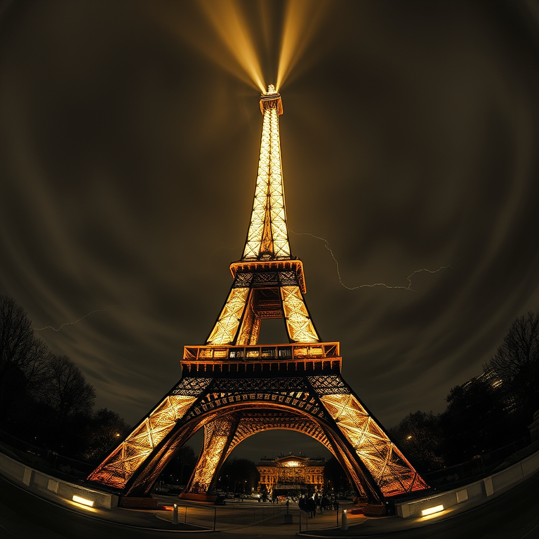 hyper-realistic render, Paris Eiffel Tower at golden hour, during twilight, with lightning in distance, monochrome black and white, fish-eye lens, neon glow, highly detailed, energetic and vibrant