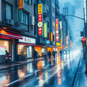 watercolor painting, a rain-soaked Tokyo street at night, in early morning mist, with rain reflections, vibrant saturated colors, wide angle view, dramatic side lighting, highly detailed, energetic and vibrant