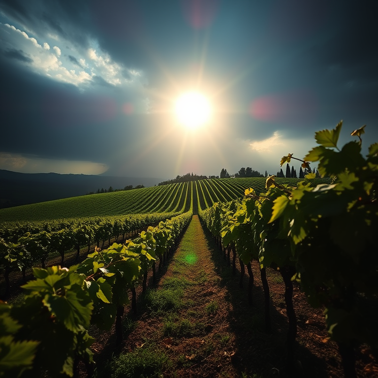minimalist design, an Italian vineyard in Tuscany, at midday, with rainbow in background, deep rich jewel tones, low angle dramatic perspective, backlit with sun flare, award-winning composition, energetic and vibrant
