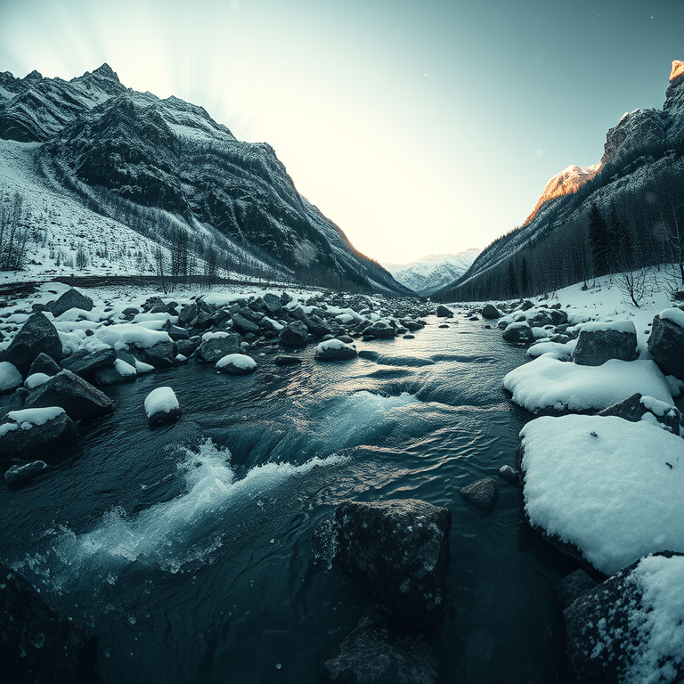 digital art, a crystal clear mountain stream, during golden hour, with snow falling, monochrome black and white, fish-eye lens, volumetric light rays, masterpiece quality, melancholic and contemplative