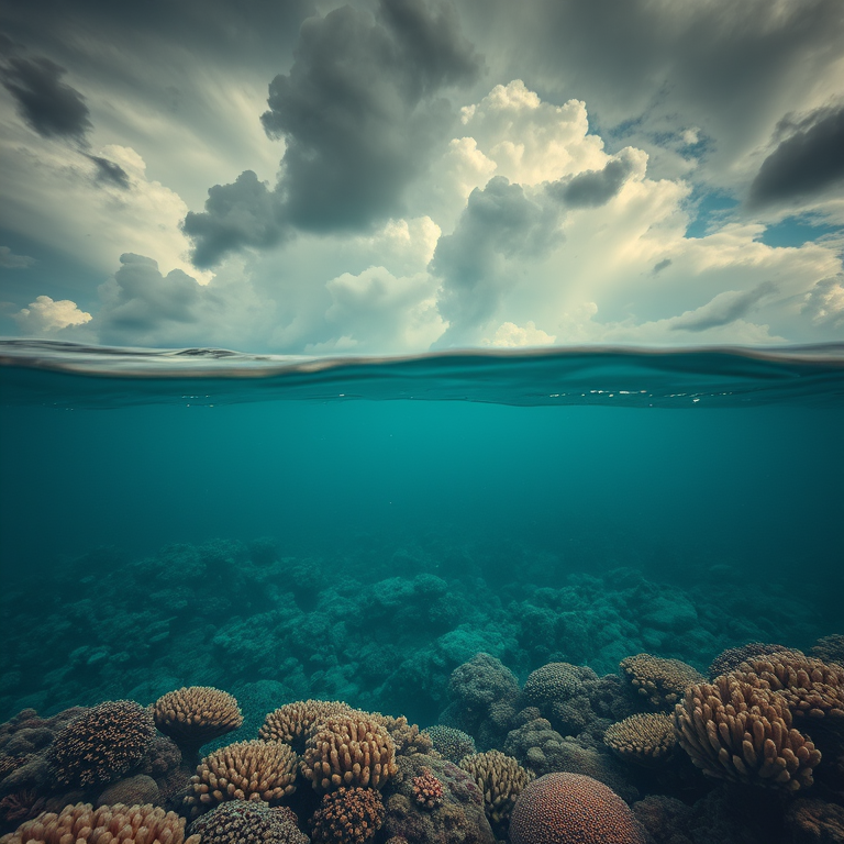 retro vintage photo, a coral reef underwater scene, during a storm, with dramatic cloud formations, muted earth tones, telephoto compression, studio quality lighting, 8K UHD, energetic and vibrant