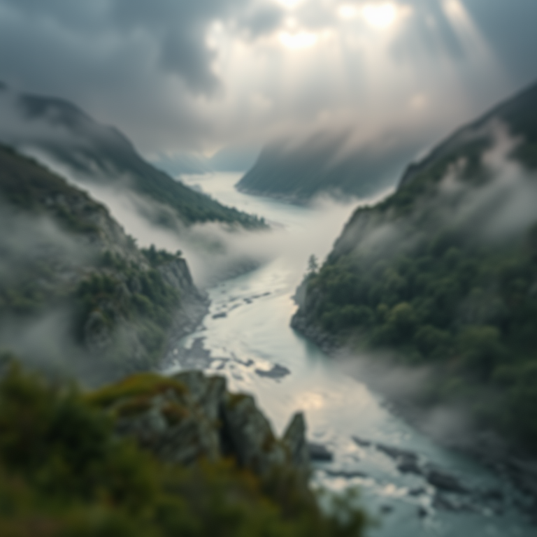 realistic photo, a misty river valley at dawn, during a storm, with gentle breeze, pastel soft colors, tilt-shift miniature effect, volumetric light rays, RAW photo, cozy and warm