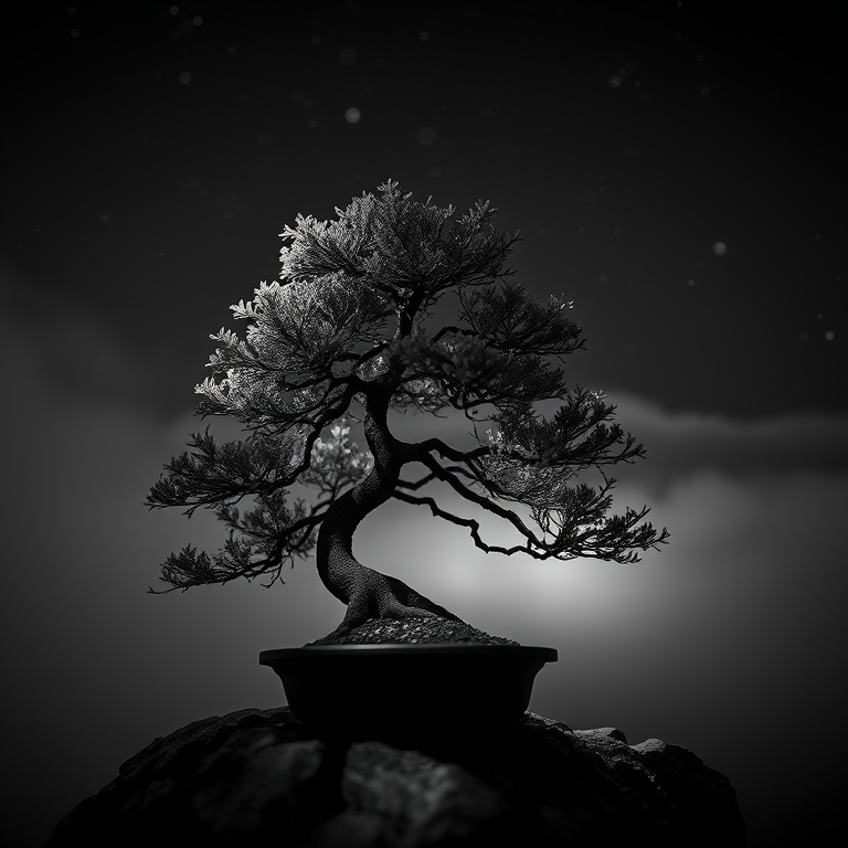 concept art, a bonsai tree close-up, at night under stars, with fog rolling in, monochrome black and white, tilt-shift miniature effect, dramatic side lighting, RAW photo, cozy and warm
