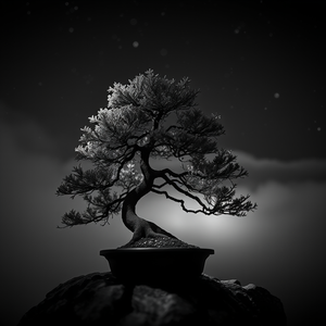 concept art, a bonsai tree close-up, at night under stars, with fog rolling in, monochrome black and white, tilt-shift miniature effect, dramatic side lighting, RAW photo, cozy and warm