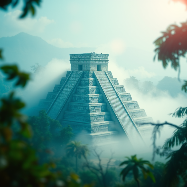 retro vintage photo, a Mayan pyramid in jungle, in early morning mist, with gentle breeze, cool blue tones, tilt-shift miniature effect, volumetric light rays, 8K UHD, mysterious and ethereal