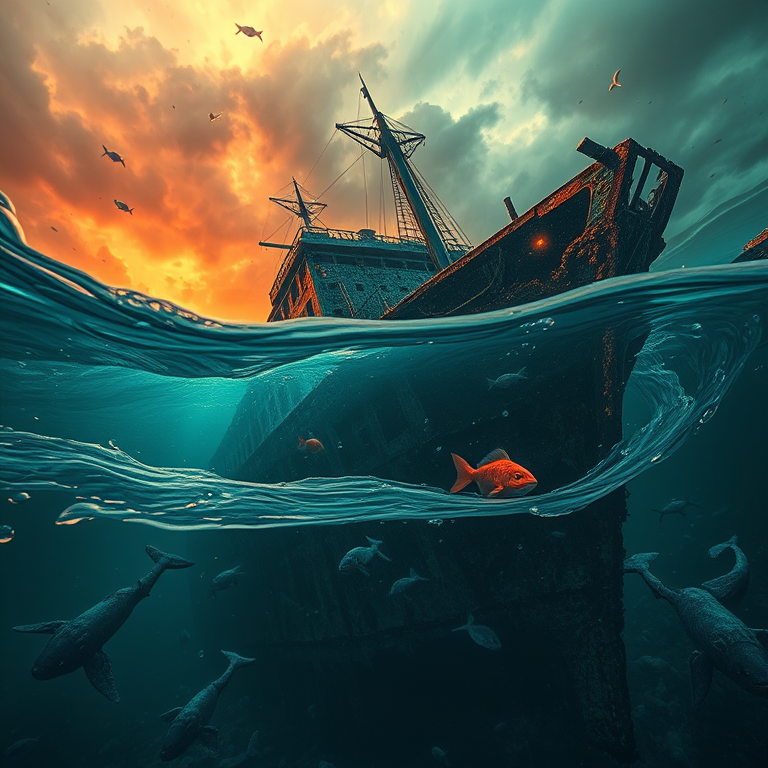 digital art, an underwater shipwreck with marine life, during a storm, with gentle breeze, warm tones, bird eye view, neon glow, highly detailed, mysterious and ethereal