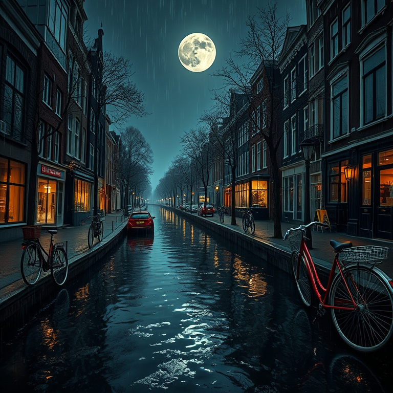 abstract art, an Amsterdam canal with bicycles, under a full moon, with rain reflections, deep rich jewel tones, macro extreme close-up, natural light, highly detailed, awe-inspiring and grand
