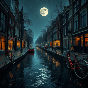 abstract art, an Amsterdam canal with bicycles, under a full moon, with rain reflections, deep rich jewel tones, macro extreme close-up, natural light, highly detailed, awe-inspiring and grand