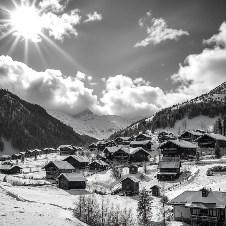 concept art, a snowy alpine village, at midday, with dramatic cloud formations, monochrome black and white, close-up detail shot, dramatic side lighting, sharp focus, peaceful and serene