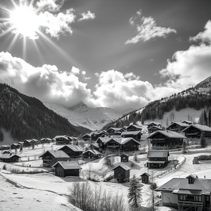 concept art, a snowy alpine village, at midday, with dramatic cloud formations, monochrome black and white, close-up detail shot, dramatic side lighting, sharp focus, peaceful and serene