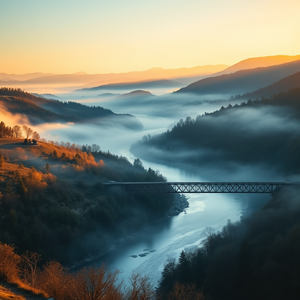 realistic photo, a misty river valley at dawn, during golden hour, with clear blue sky, muted earth tones, panoramic view, moody atmospheric lighting, sharp focus, energetic and vibrant, with a bridge in the scene