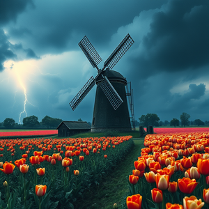 watercolor painting, an old windmill in tulip fields, during a storm, with lightning in distance, deep rich jewel tones, telephoto compression, studio quality lighting, 8K UHD, dark and moody