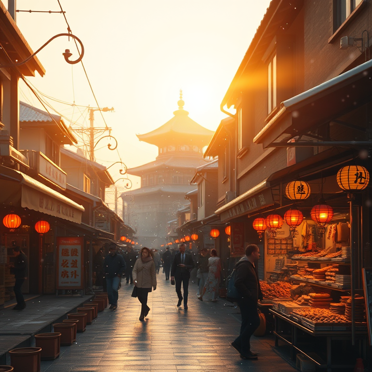 3D render, a bustling street market in Asia, at sunset, with snow falling, golden warm palette, wide angle view, volumetric light rays, award-winning composition, melancholic and contemplative