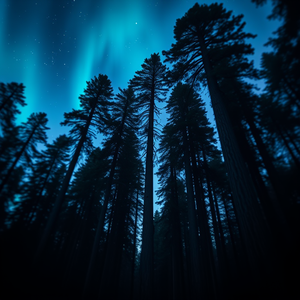 concept art, a towering redwood forest, at blue hour, with aurora in sky, deep rich jewel tones, tilt-shift miniature effect, moody atmospheric lighting, RAW photo, awe-inspiring and grand