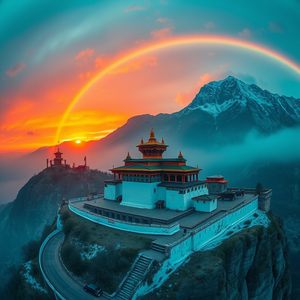 3D render, a Tibetan monastery in mountains, at sunrise, with rainbow in background, teal and orange, fish-eye lens, neon glow, RAW photo, romantic and dreamy