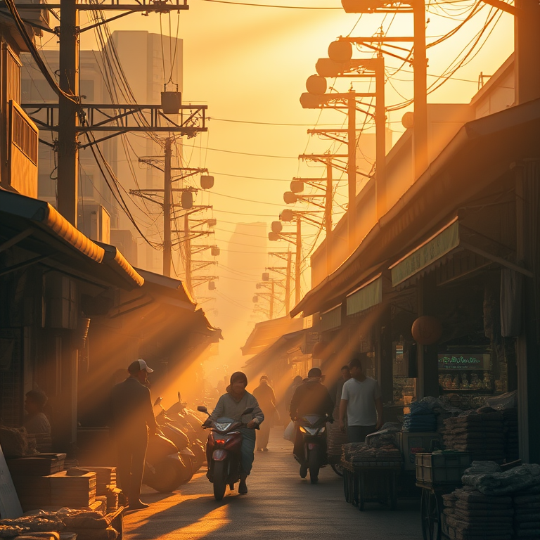 realistic photo, a bustling street market in Asia, during golden hour, with misty atmosphere, golden warm palette, low angle dramatic perspective, volumetric light rays, sharp focus, romantic and dreamy