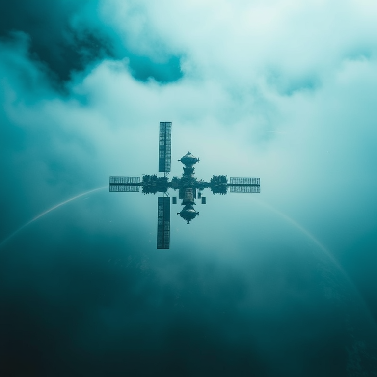 abstract art, a space station orbiting Earth, in early morning mist, with fog rolling in, teal and orange, close-up detail shot, soft diffused lighting, professional photography, melancholic and contemplative