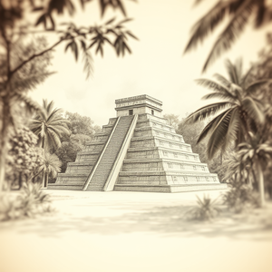 pencil sketch, a Mayan pyramid in jungle, at midday, with gentle breeze, warm tones, tilt-shift miniature effect, volumetric light rays, award-winning composition, romantic and dreamy