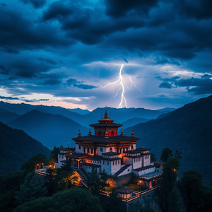cinematic shot, a Tibetan monastery in mountains, at blue hour, with lightning in distance, deep rich jewel tones, aerial drone perspective, dappled light through trees, highly detailed, energetic and vibrant