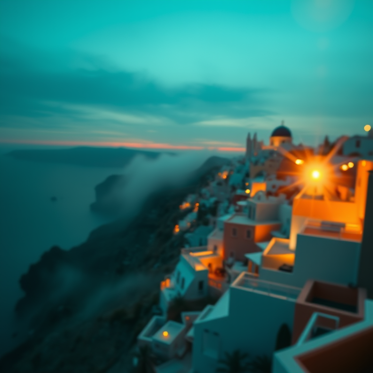 hyper-realistic render, a Santorini cliffside view, during twilight, with misty atmosphere, teal and orange, tilt-shift miniature effect, backlit with sun flare, award-winning composition, melancholic and contemplative