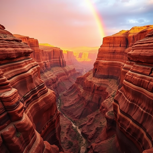 digital art, a canyon with layered red rock, at sunrise, with rainbow in background, high contrast, telephoto compression, rim lighting, masterpiece quality, energetic and vibrant