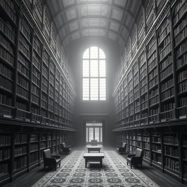 retro vintage photo, a grand library with tall bookshelves, in early morning mist, with snow falling, monochrome black and white, panoramic view, soft diffused lighting, award-winning composition, cozy and warm