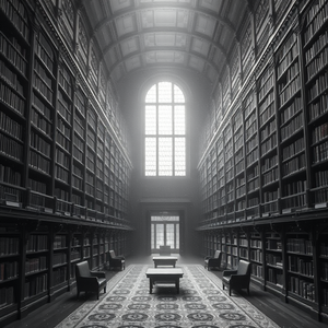 retro vintage photo, a grand library with tall bookshelves, in early morning mist, with snow falling, monochrome black and white, panoramic view, soft diffused lighting, award-winning composition, cozy and warm