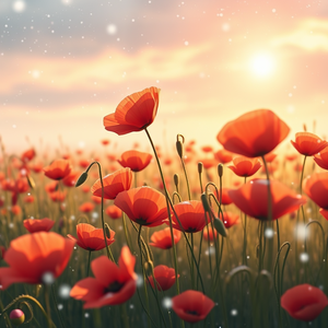 anime style, a field of poppies in wind, at dawn, with snow falling, warm tones, telephoto compression, backlit with sun flare, award-winning composition, whimsical and playful