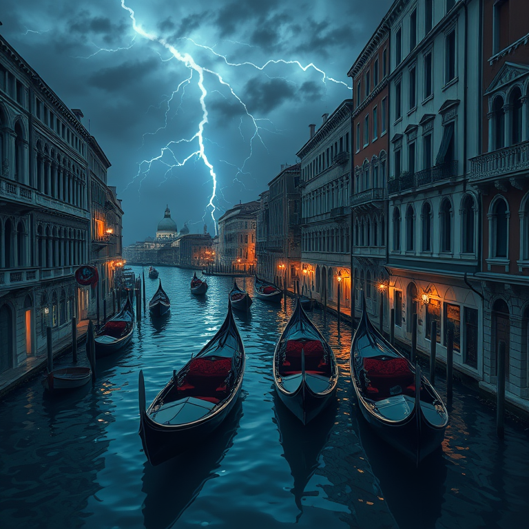 anime style, a Venetian canal with gondolas, at midday, with lightning in distance, high contrast, low angle dramatic perspective, rim lighting, ultra high resolution, melancholic and contemplative